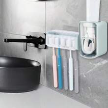 5 Slots Wall Mount Toothbrush Holder With Cover Self Adhesive Toothbrush Storage Organizer For Shower Toothbrush Hanger With Automatic Toothpaste Squeezer Dispenser - Blue Combination - 查看 5