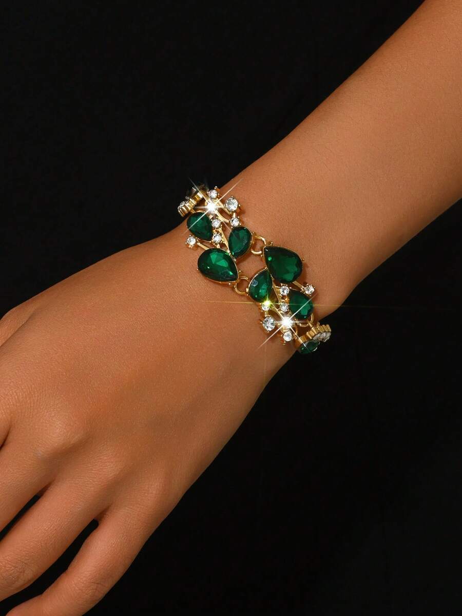 1件装女士个性化手链 | 水滴形祖母绿水晶手链 | 闪耀多石设计 | 适合晚宴、婚礼、情人节等场合 - 綠色 - 查看 1