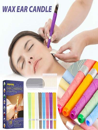 JAYSUING 1pc/16pcs/3pcs/36pcs Ear Care Aromatherapy Ear Candles. A Great Gift For Family And Friends During Holidays, Helps Relieve Stress, Remove Earwax. 1. Lie On Your Side On A Pillow, Gently Massage Your Ear To Relax The Nervous System. 2. Place The Protective Plate On The Safety String, Light The Large End Of The Ear Candle, Then Gently Insert The Small End Into Your Ear, Keeping It Vertical.