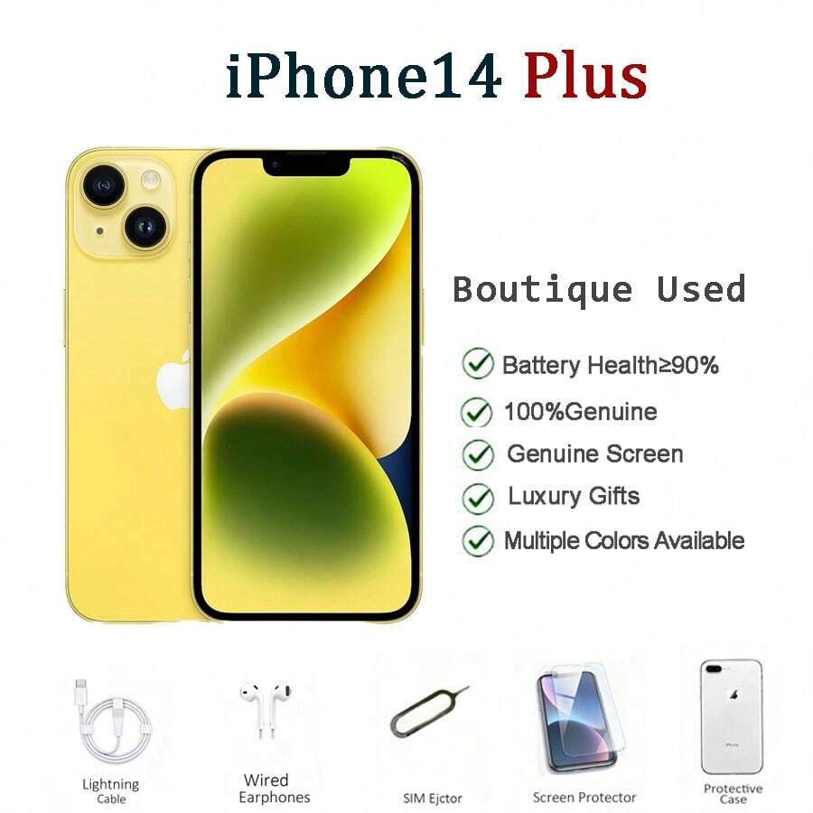 Điện thoại Apple iPhone 14 Plus 256GB/512GB đã qua sử dụng, tình trạng A+, còn mới 95%, màn hình 6.7 inch, hai SIM, pin bền bỉ, phù hợp cho các hoạt động ngoài trời, du lịch ngắn ngày, chụp ảnh và liên lạc.