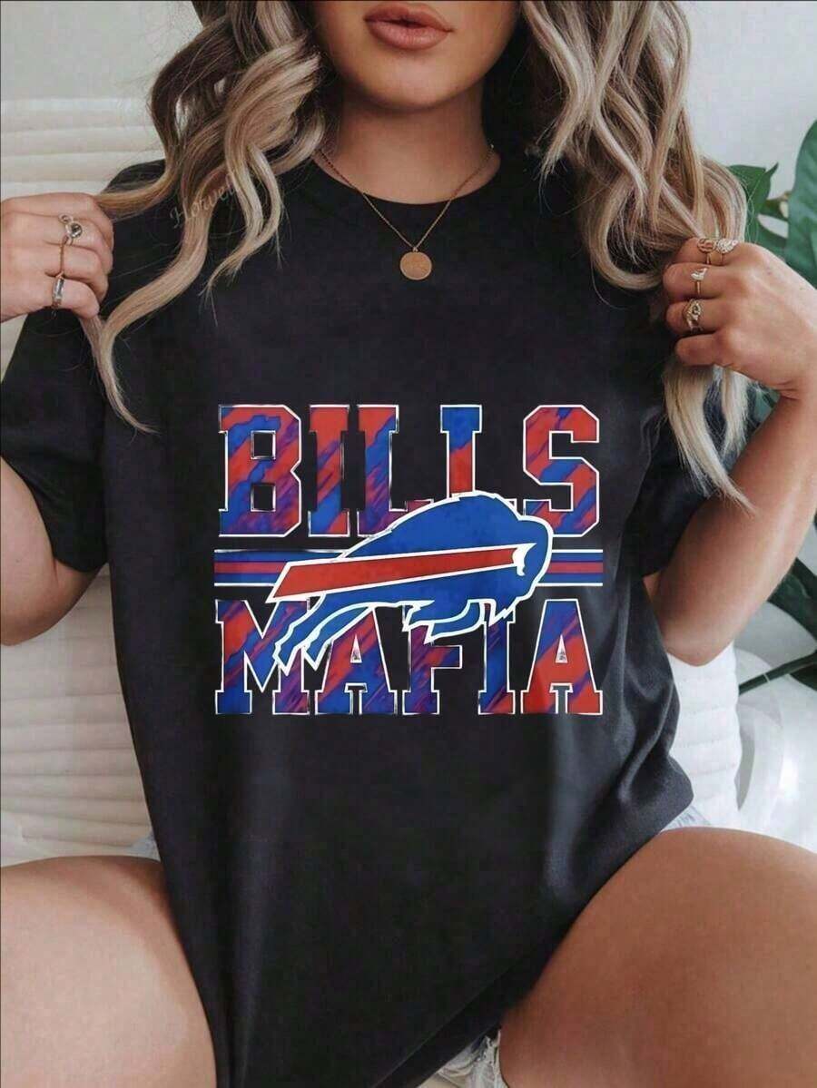 Bills Mafia Buffalo Design Women's Fashionable Print Casual-Shirt Suitable All Seasons  
   -Black YQU2 - 黑色 - 查看 1