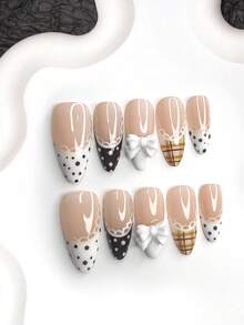 10pcs Gentle, Pure & Charming Nail Stickers, Acrylic Material, White 3D Bow Nail Accessories, White Lace Edge Design, Brown & White Polka Dots, Yellow & Brown Striped Nail Decor, Fresh & Elegant Style, White & Brown Nail Polish, Includes Nail Tools (1 Jelly Sticker + 1 Nail File), 3 Size Options Nails Nail Supplies Handmade Press On Nails - Multicolor - View 10