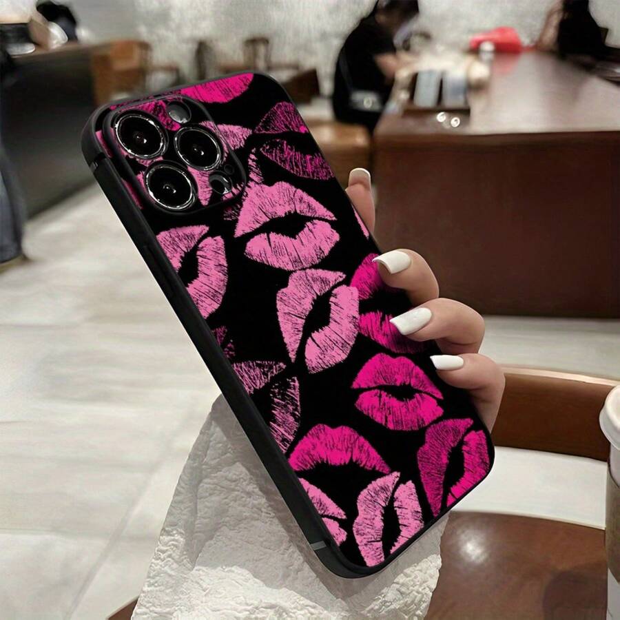 Lip Print Mobile Phone Case, Adorned With Vibrant Pink And Soft Pink Kiss Marks Design, Suitable For IPhone 16, 15, 14, 13, 12, 11 Pro Models, TPU Material, Shockproof Protection. It Is A Great Gift For Family, Friends, Children, Birthdays, Spring Festival, Holidays, Boyfriends, Girlfriends And Valentine's Day.,Suitable For IPhone17 Air - 黑色 - 查看 1