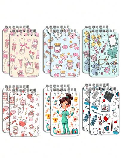 Nurse's Day Mini Loose-Leaf Notebook - Spiral Bound Pocket Notebook, Lined Notepad, Cartoon Nurse Theme Party Supplies, Notebook, American Style, Cartoon Theme, Cute Portable Notebook, Pocket Size Notebook, English Loose-Leaf Notepad, School Supplies, Back To School Season