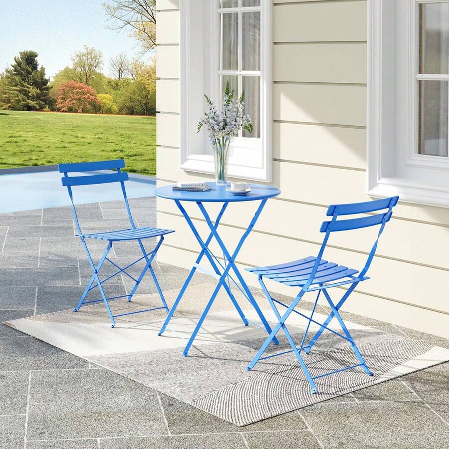 Conjunto de patio Bistro de 3 piezas, mesa de bistro plegable y 2 sillas que ahorran espacio, conjunto de muebles de exterior con marco de metal fuerte, conjunto de conversación resistente al clima para jardín del patio - Azul - Ver 1