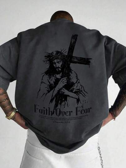 Camiseta casual de manga corta con cuello redondo y estampado de lema de la cruz de Jesús para hombres