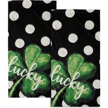 Black White Polka Dot Towels Set Of 2, Boho Polka Dot Hand Towels For Bathroom 14"X28" Vintage Doodle Towels Soft Absorbent Bathroom Hand Towel For Face, Gym, Spa, Kitchen - 聖派翠克幸運三葉草 - 黑色 - 查看 1