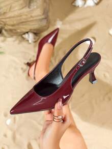 Giày sandal cao gót mũi nhọn hở gót tối giản dành cho nữ, thoải mái, chống trơn trượt, thoáng khí với khóa kim loại. - Màu Đỏ Sâu - Xem 4