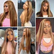 28英寸蜜金色假发,真人前额发丝,200%密度,13x4高清蕾丝前假发,自然发际线,预先拔毛,渐变色蕾丝前假发,女士直发,带婴儿发。 - SP4/27 - 查看 6