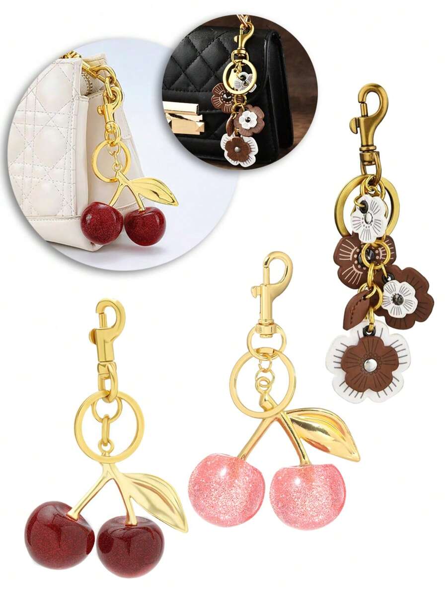 Leather Flower Pendant Keychain, Elongated Flower Chain Bag Charm, Cherry Keyring Elegant Bag Accessory, Graduation Gift - Multicolor - View 1