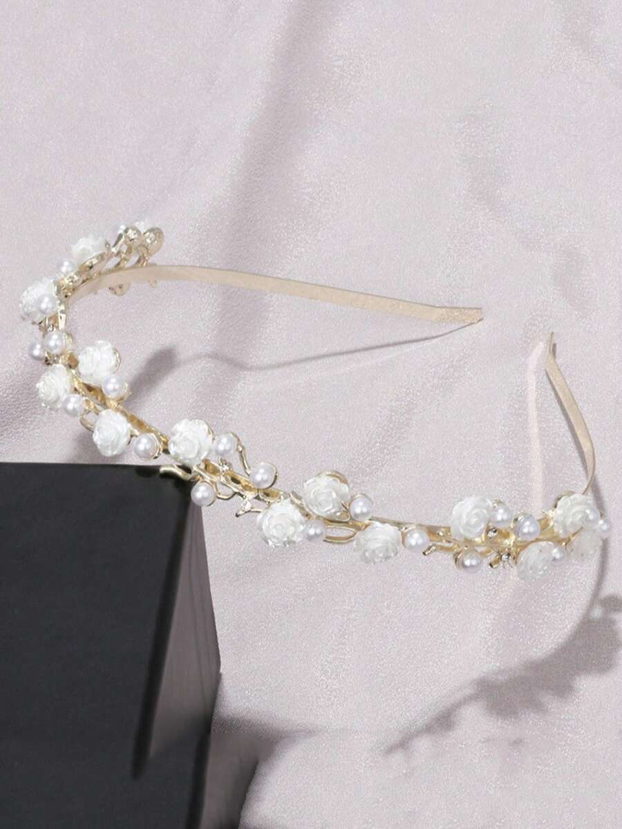 1 chiếc băng đô cài tóc hoa văn màu trắng và nhiều màu sắc kiểu Âu & Mỹ mới về, sang trọng, nhiều lớp bằng kim loại rỗng và ngọc trai giả, phụ kiện tóc ngoài trời, phụ kiện ngày Valentine. - Băng đô hoa - Xem 1