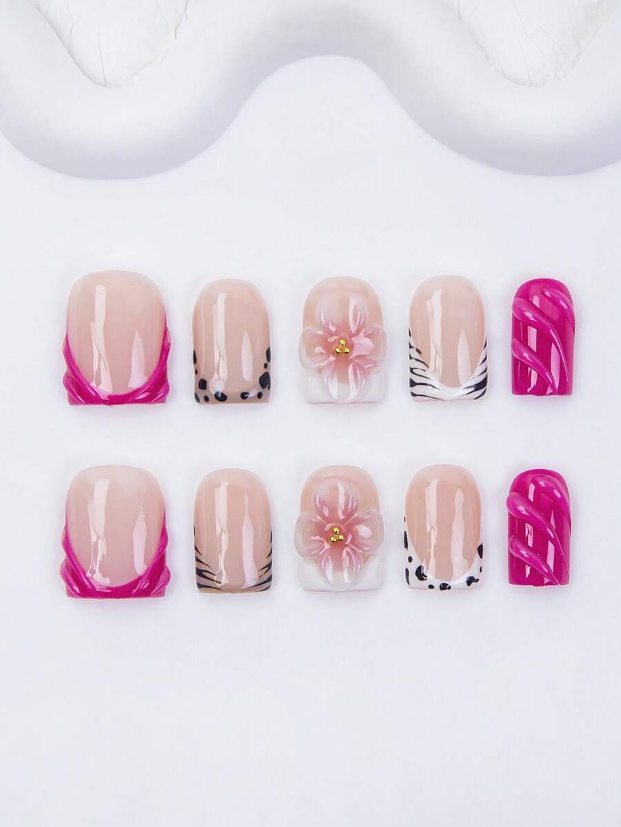 10pcs-Y2K Press On Nail, Short Square Duck Nails, 100%Handmade, Reusable, Rose Red Nails, Nude Color, Paired With French, 3D, Cross, Little Snake, Suitable For Daily Wear, Parties, And Also The Best Valentine's Day Gift For Girls And Women - Hot Pink - View 1