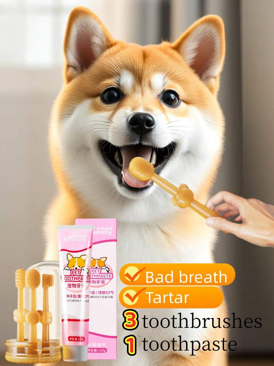 Juego de cepillo de dientes y pasta de dientes para mascotas, cuidado dental para gatos y perros pequeños, pasta de dientes con sabor a fruta, cepillo de dientes de silicona hecho de material, limpieza de salud oral para el sarro y los dientes amarillos - Multicolor - Ver 1