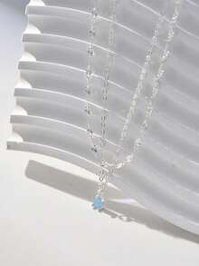 Nooxian 2pcs/Set Silver Jewelry Simple Elegant Silver Flat Cross Chain & Lips Chain With Blue Teardrop Copper Pendant Necklace Set For Women - Silver - View 4