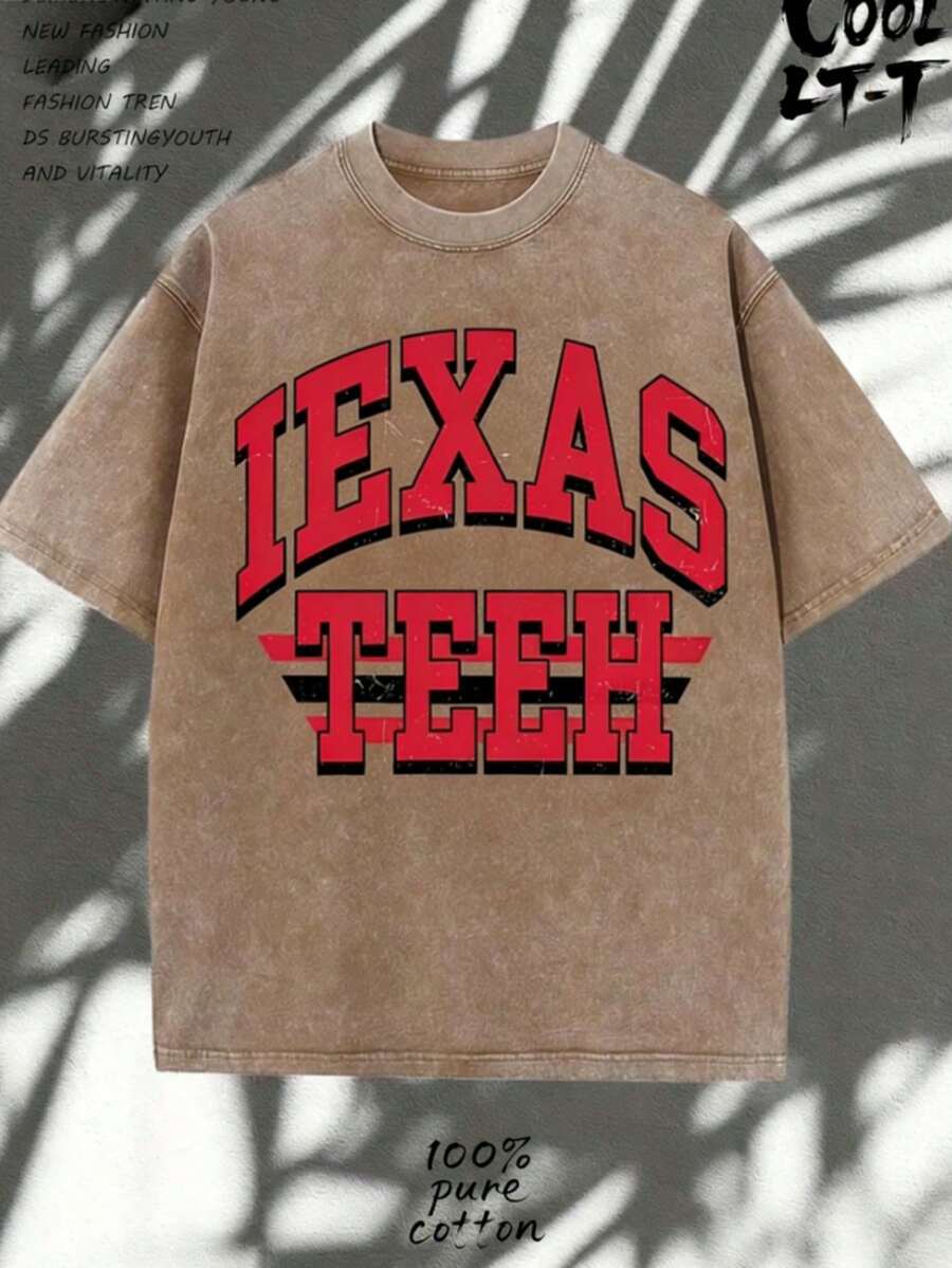 230g Washed Pure Cotton T - Shirt, MEN'S Casual Fashion, With 'Texas Tech' And Cowboy Mascot Print, Outdoor Sports T - Shirt | Loose Fit | Soft Knitted T - Shirt - Cà phê nâu - Xem 1