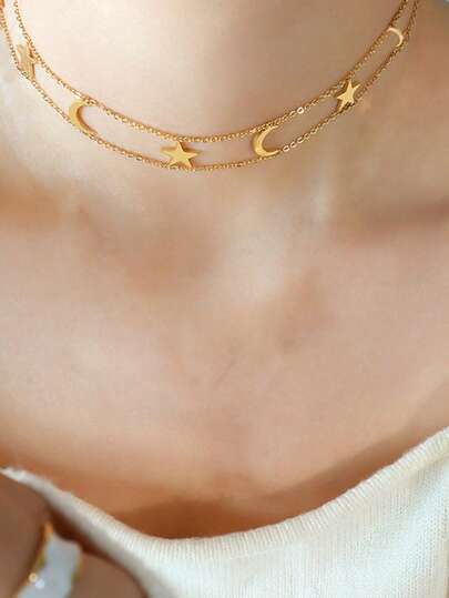 1pc Double Layer Girl Necklace, Stainless Steel Middle Eastern Star & Moon Choker Necklace, Daily Wear Layering Accessory, Gift