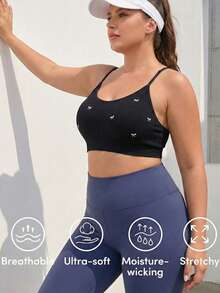 1pc Women Plus Size Seamless Embroidered Camisole Bra, Soft & Comfortable Wireless Bra - Black - View 3