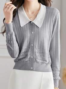 Women's Turndown Collar Knitted Cardigan, Elegant Age-Reducing, New Autumn/Winter Fashion Slim Fit Sweater Top - Gray - View 3