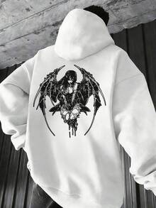 Stylish White Hooded Sweatshirt For Men - Front Pocket And Unique Back Graphic Design Featuring Gothic Anime Inspired Figure With Wings, Casual Fit, Perfect For Everyday Wear, Versatile Style For All Seasons - White - View 1