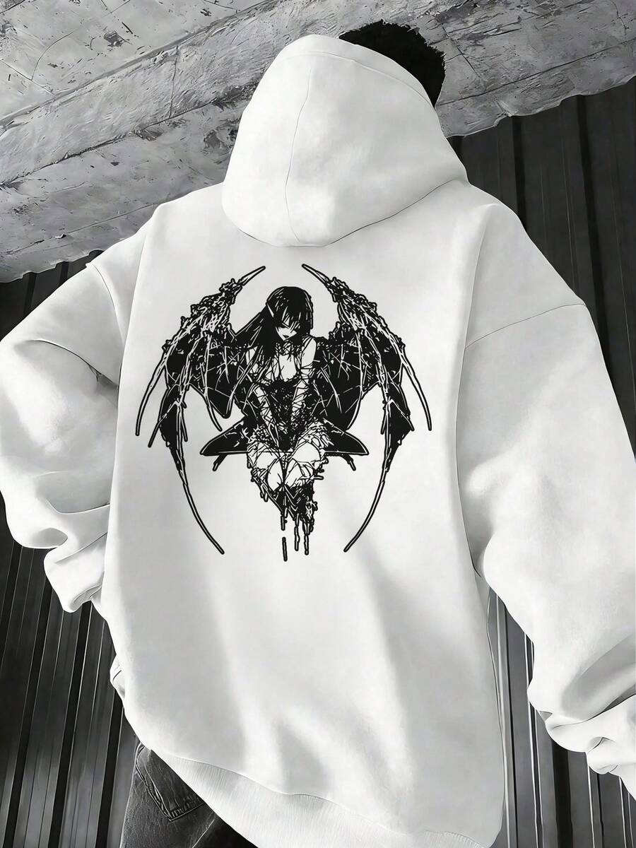 Stylish White Hooded Sweatshirt For Men - Front Pocket And Unique Back Graphic Design Featuring Gothic Anime Inspired Figure With Wings, Casual Fit, Perfect For Everyday Wear, Versatile Style For All Seasons - White - View 1