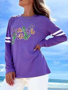 LOVE JOYY Women's Carnival Letter Pattern Purple Long Sleeve T-Shirt, Fashionable Casual Vacation Beach Daily Loose Comfortable Top, Spring/Summer - Multicolor - View 4
