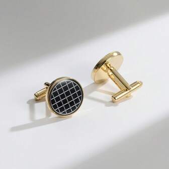 1 Pair Gold Round Criss-Cross Black Line Copper Alloy Fashionable Cufflinks For Men, Suitable For Party And Occasions