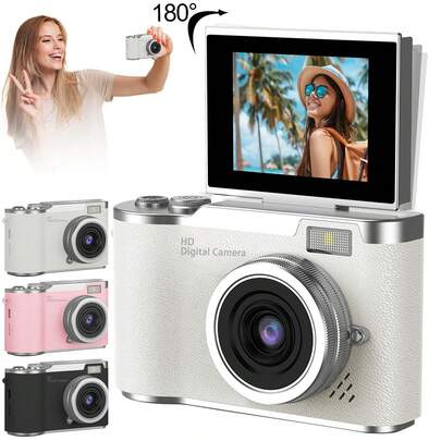 Nueva cámara digital 1080P, enfoque automático, cámara vlog actualizada de 48MP con pantalla giratoria de 2.4" 180°, zoom óptico 8X, cámara de viaje portátil para principiantes, incluye tarjeta de memoria de 32GB, compacta y portátil, gran regalo para niños y niñas (rosa), capacidad de batería 800mAh, potencia 2.96Wh