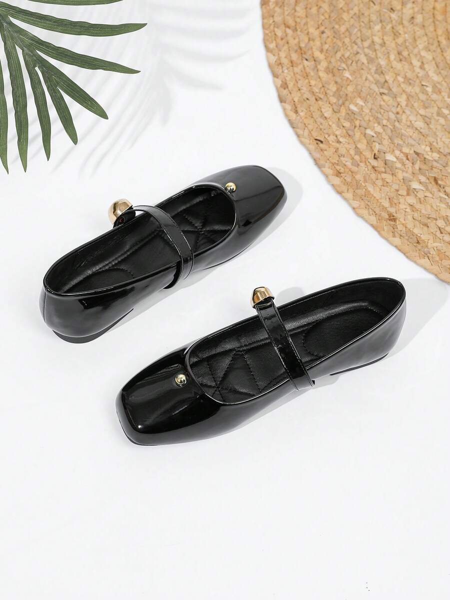 方头软底奶奶鞋，玛丽珍式平底鞋，带绑带，复古风，适合搭配连衣裙 - 黑色 - 查看 1