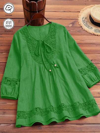 Solid Color Lace Splice Tie Neck Loose Casual Blouse, Spring/Summer