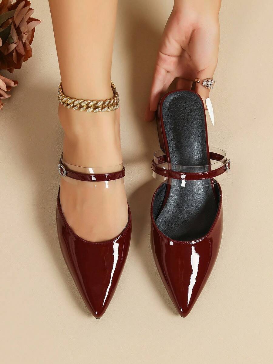 Women's Burgundy Patent Leather Pointed Toe Low Heel Transparent Strap Mule Slides, Suitable For Commuting - Burgundy - View 1