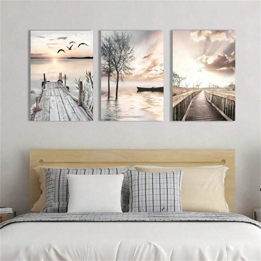 3幅自然风景海报,现代摄影作品,帆布油画,家居装饰,创意礼品,适用于卧室、酒店、客厅、办公室、咖啡厅、商店、墙面装饰,波西米亚风格,可选画框,帆布油画 - 彩色 - 查看 1