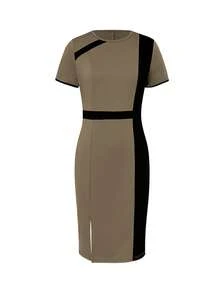 Đầm công sở nữ mùa hè, cổ tròn, tay ngắn, phối màu, thanh lịch, thích hợp mặc đi làm. - Nhiều màu - Xem 3