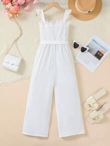 Purechapter 女童时尚褶皱花卉吊带连体裤，收腰设计，喇叭裤腿，休闲日常穿着，时尚百搭 - 白色 - 查看 2