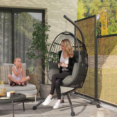  Outsunny Hanging Egg Chair Outdoor Indoor Garden Swing Chair With Folding Basket And Thickened Cushion, Garden Hanging Chair With Stand, Headrest, Cup Holder For Patio, Balcony