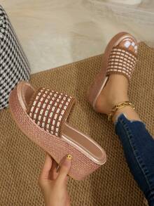 女士编织带凉鞋，厚底超高坡跟沙滩拖鞋 - 棕色 - 查看 2