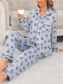 CRAYON SHINCHAN 2件套可爱蜡笔小新牛奶丝柔软亲肤卡通印花开衫长袖长裤女式睡衣套装，随机印花，春秋季 - 灰色 - 查看 1