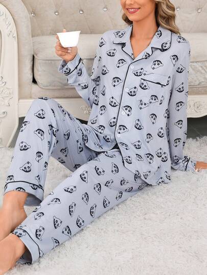 CRAYON SHINCHAN 2pcs Cute Crayon Shin-Chan Milk Silk Soft & Skin-Friendly Cartoon Print Cardigan Long Sleeve Pants Women Pajama Set, Random Print, Spring/Autumn