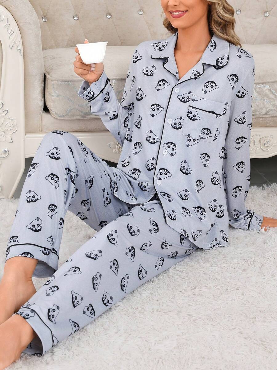 CRAYON SHINCHAN 2件套可爱蜡笔小新牛奶丝柔软亲肤卡通印花开衫长袖长裤女式睡衣套装，随机印花，春秋季 - 灰色 - 查看 1