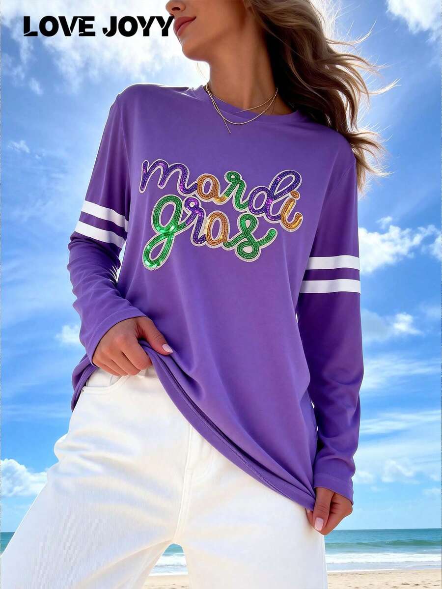 LOVE JOYY Women's Carnival Letter Pattern Purple Long Sleeve T-Shirt, Fashionable Casual Vacation Beach Daily Loose Comfortable Top, Spring/Summer - Multicolor - View 1