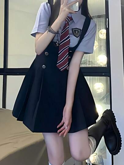 1pc Academic Style Short Sleeve Waist Cinching A-Line Dress, Suitable For Pure And Elegant Girls For Holiday Photo Shoots, Parties, Cosplay, And Stage Performances