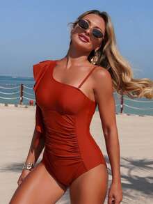 Monokini Swimsuit For Women Stylish Ruched Solid Color Ruffled Tassel Spaghetti Strap Bathing Suit - Màu đỏ gạch - Xem 2