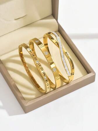 3 Stücke/1 Stück Mode 18K Vergoldetes Edelstahl Kleeblatt Nagel Armband, geeignet für Frauen Partys, Alltag, europäischer und amerikanischer Stil, personalisiert, großzügig, luxuriöses kubisches Zirkonia Armband, Hochzeitsschmuckset