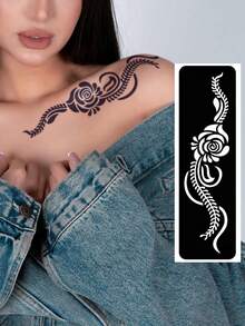 Hana Hand Drawn Tattoo Hollow Template Minimalism Hana Bride Elegant Lace Mandala Flower Pattern Sticker Suitable For Hands, Feet, Shoulders, Neck, Collarbone Semi Permanent Fake Tattoo Sticker 1 Pack - Black - View 13