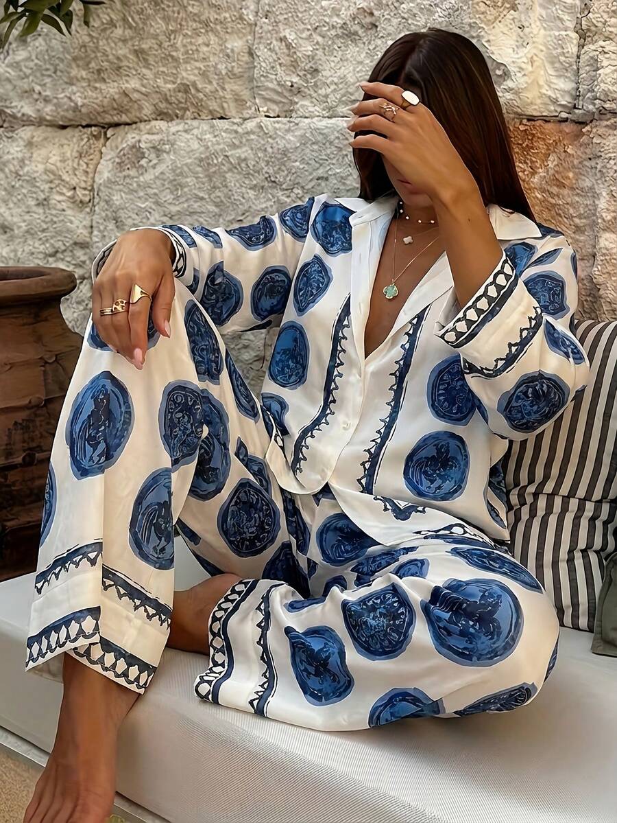 Brush Stroke Print Co-Ord Set Women's, Blue White Deep V-Neck Top With Pants, Boho Artistic Beachwear For Resort & Casual - 混合色 - 查看 1