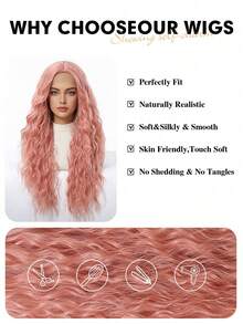 150% 密度女士长款波浪卷发假发 - 棕色 Kanekalon 高温丝，可调节帽围，适合各种肤色，浓密卷发，无蕾丝高温丝全头假发，适合日常佩戴 - 粉色 - 查看 7