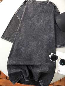 水洗超大黑色短袖T恤，印花图案，宽松版型，显瘦，复古时尚，夏季休闲风 - 黑色 - 查看 2