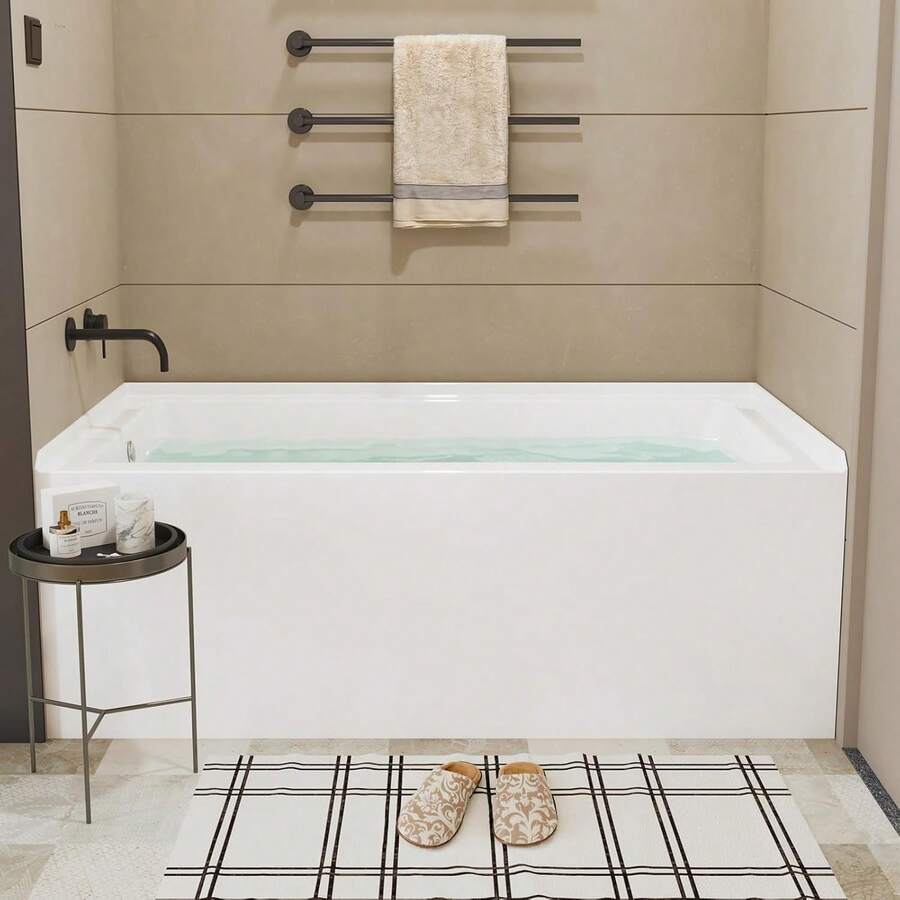60" X 32" Acrylic Drop-In Bathtub, Glossy White Soaking Tub With Storage Ledge, Left Drain & Integral Flange - 左側排水管 - 查看 1