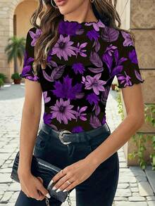 Vintage Floral Print Slim Fit Casual/Work Wear Short Sleeve T-Shirt For Women, Spring/Summer Vacation - Purple - View 7