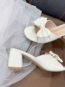 1双白色可爱凉鞋，蝴蝶结褶皱设计，优雅高跟，适合各种场合和通勤。 - 白色 - 查看 5