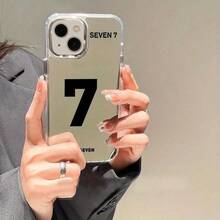 Case Lucky Number 7 Silver Frame Back Mirror Electroplating Suitable for  11, 11PRO, 11PROMAX, 12, 12PRO, 12PROMAX, 13, 14, 13PRO, 13PROMAX, 14PLUS, 14PRO, 14PROMAX,15, 15PLUS, 15PRO, 16E, SE4, 15PROMAX,16, 16PLUS, 16PRO, 16PROMAX,17, 17AIR, 17PRO, 17PROMAX Makeup Mirror Anti Drop Transparent Hard Shell For - Plateado - Ver 2
